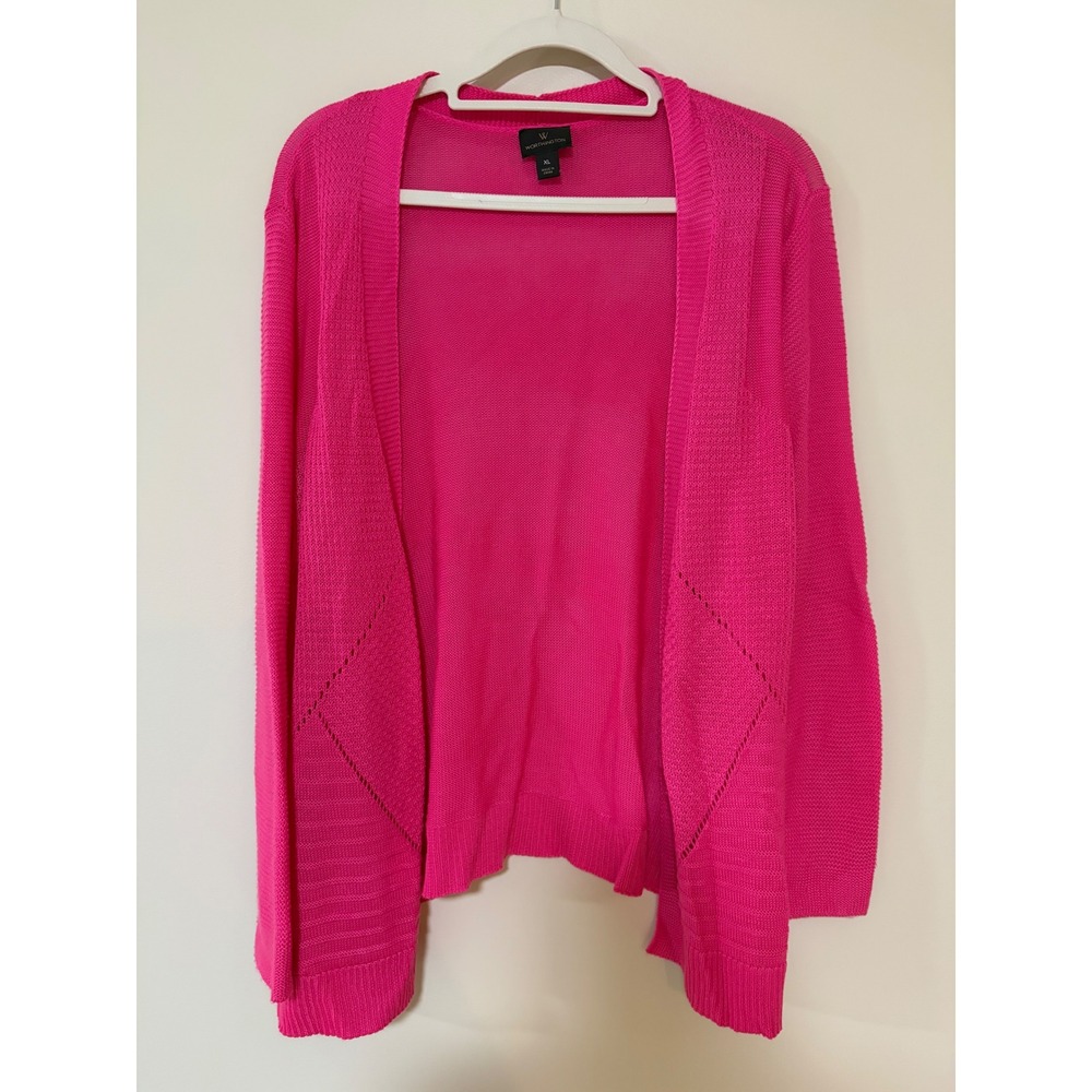Barbiecore Hot Pink Worthington Cardigan XL Fuchsia Open Front Pointelle Knit